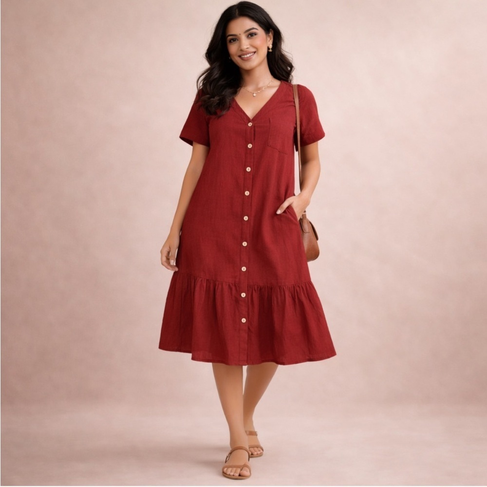 Halston Red Button Front Ruffle Hem Mini Dress Short Sleeve Size M